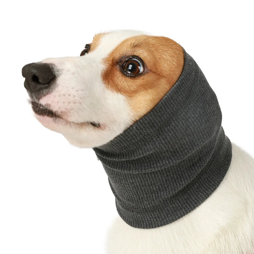 Blue and grey polyester dog comforter headband scarf shown in S, M, L sizes.