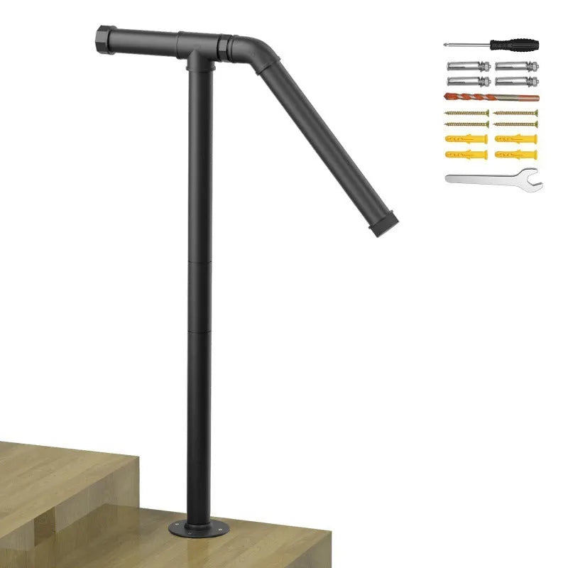 Black metal ladder support bracket for minimalist staircase installation.