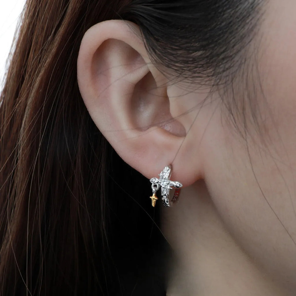 925 silver cross earrings with geometric round design and electroplated finish