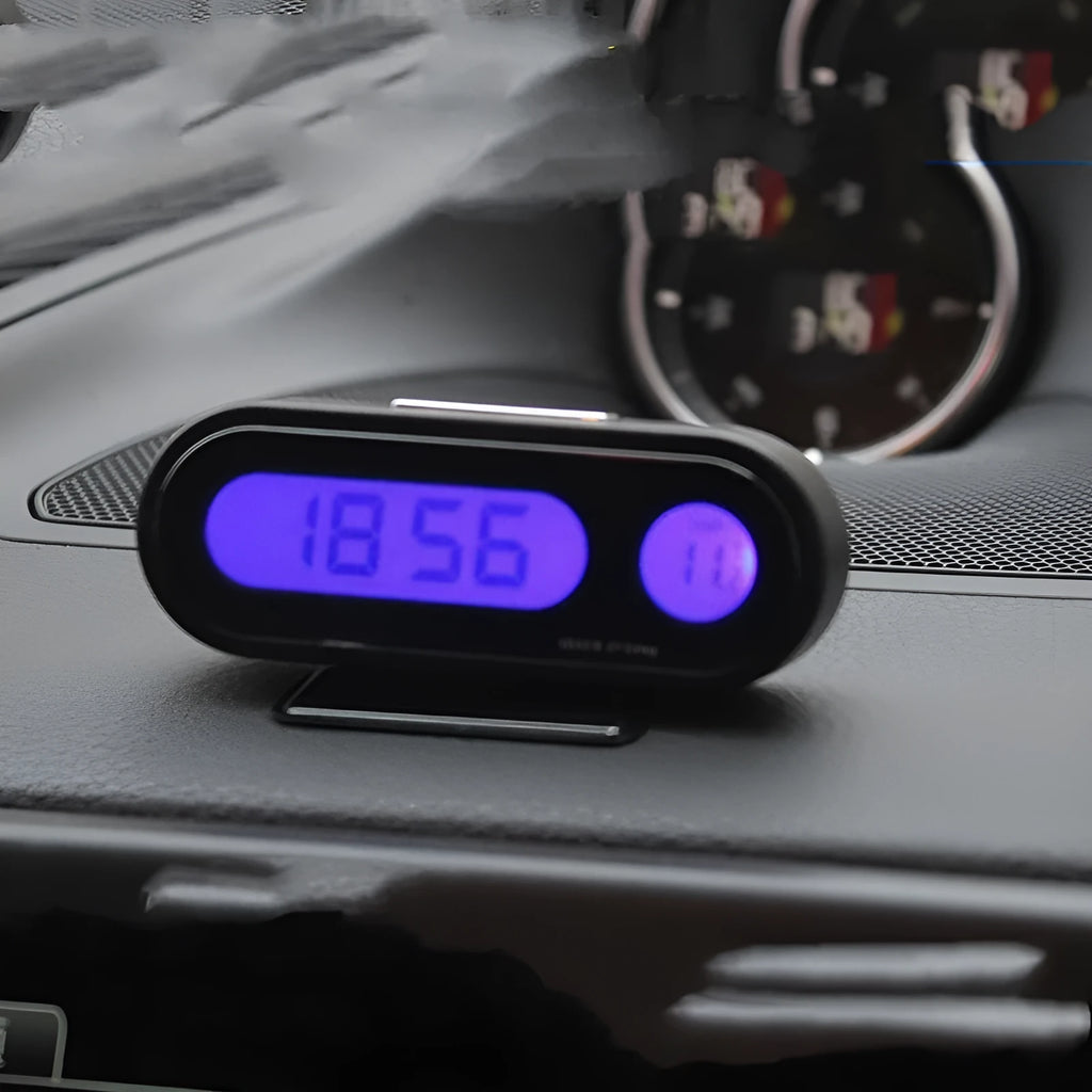 Black car clock thermometer with LED display and adjustable dashboard mounting bracket