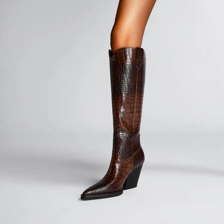 Retro pointed stone pattern chunky heel shoes in dark brown with microfiber upper and rubber sole