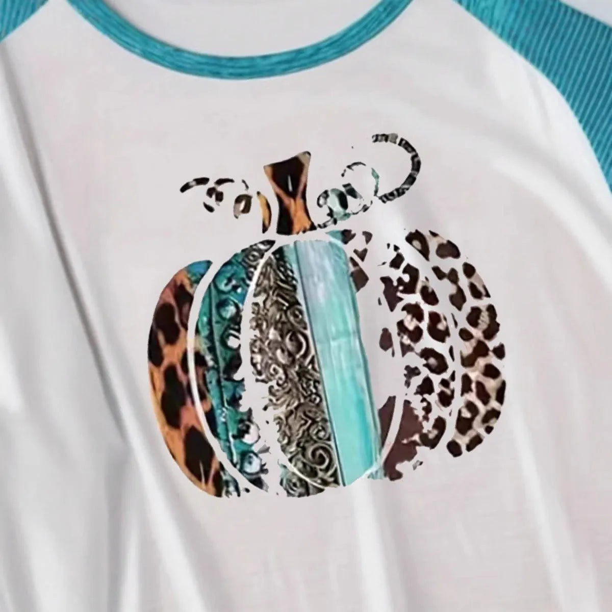 Sky blue Halloween T-shirt with 3D digital printed pumpkin design, long sleeves and polyester fabric