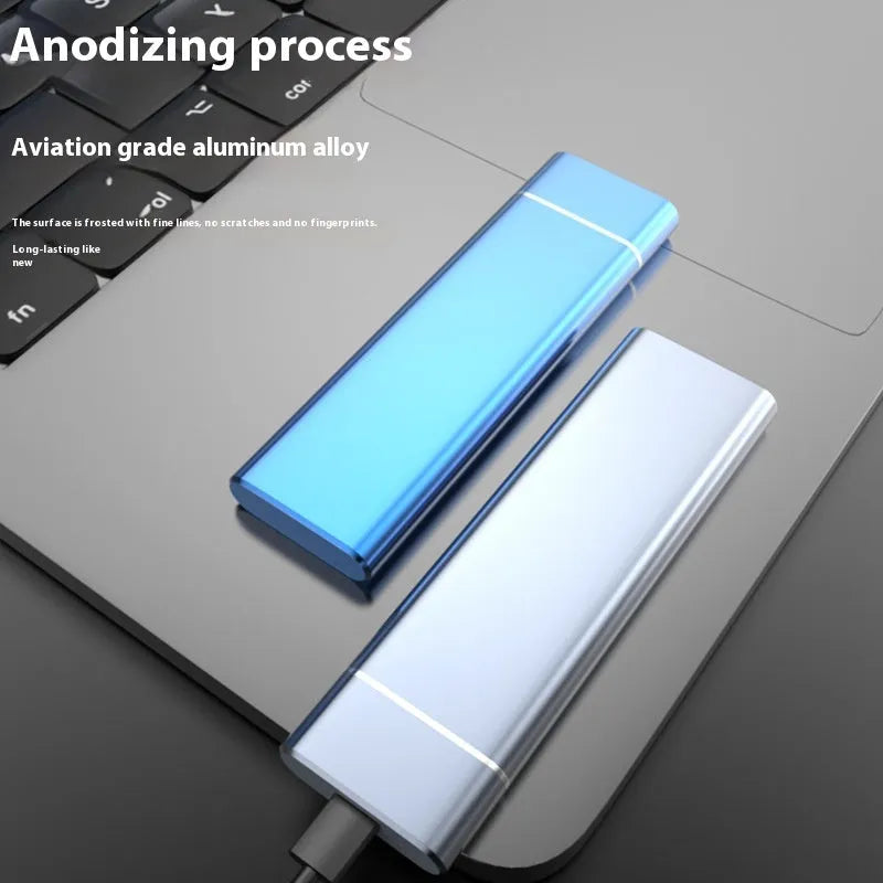 Sapphire blue portable metal external hard drive with USB cable on a white background.