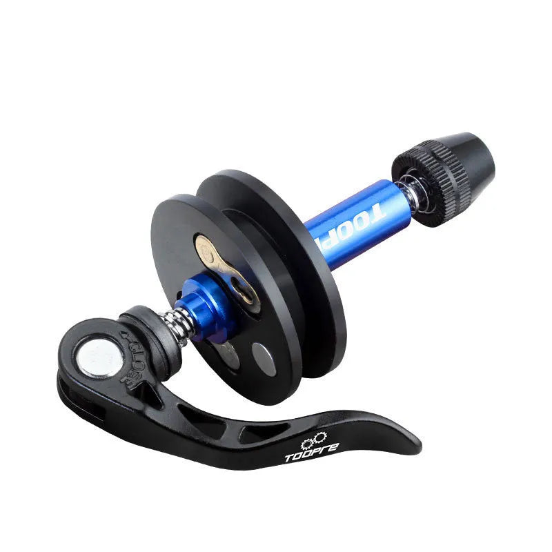 Aluminium bicycle chain holder and stopper tension tool for drivetrain cleaning and maintenance.