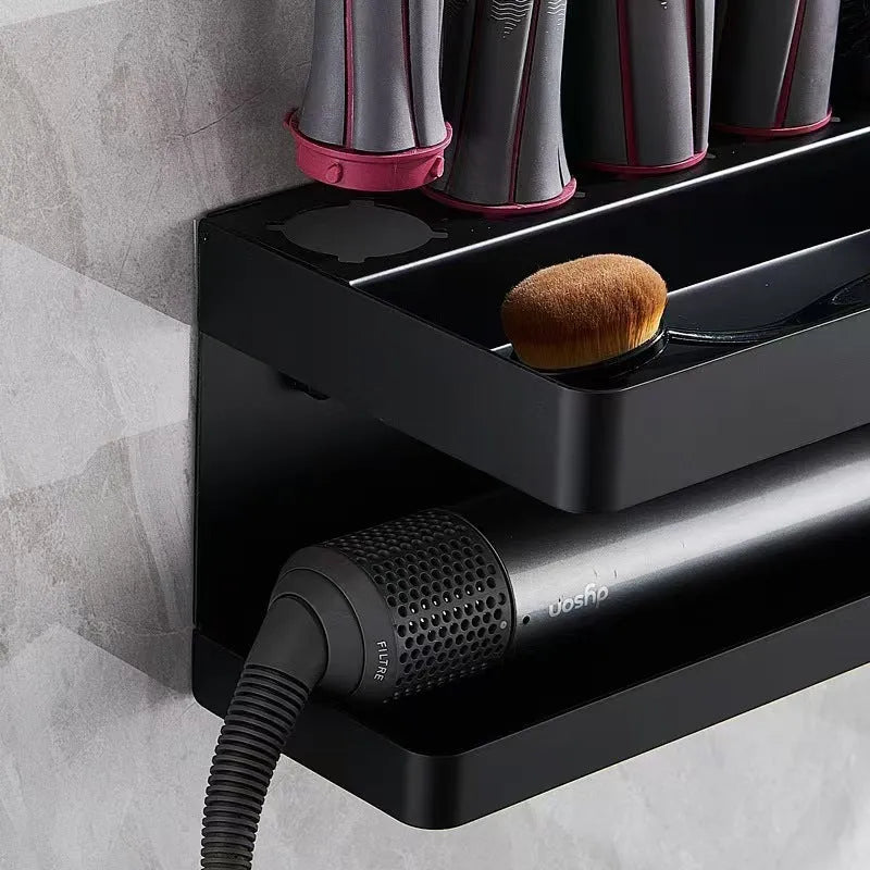 White double-layer aluminium bathroom storage rack holding hair curlers with punch-free mounting