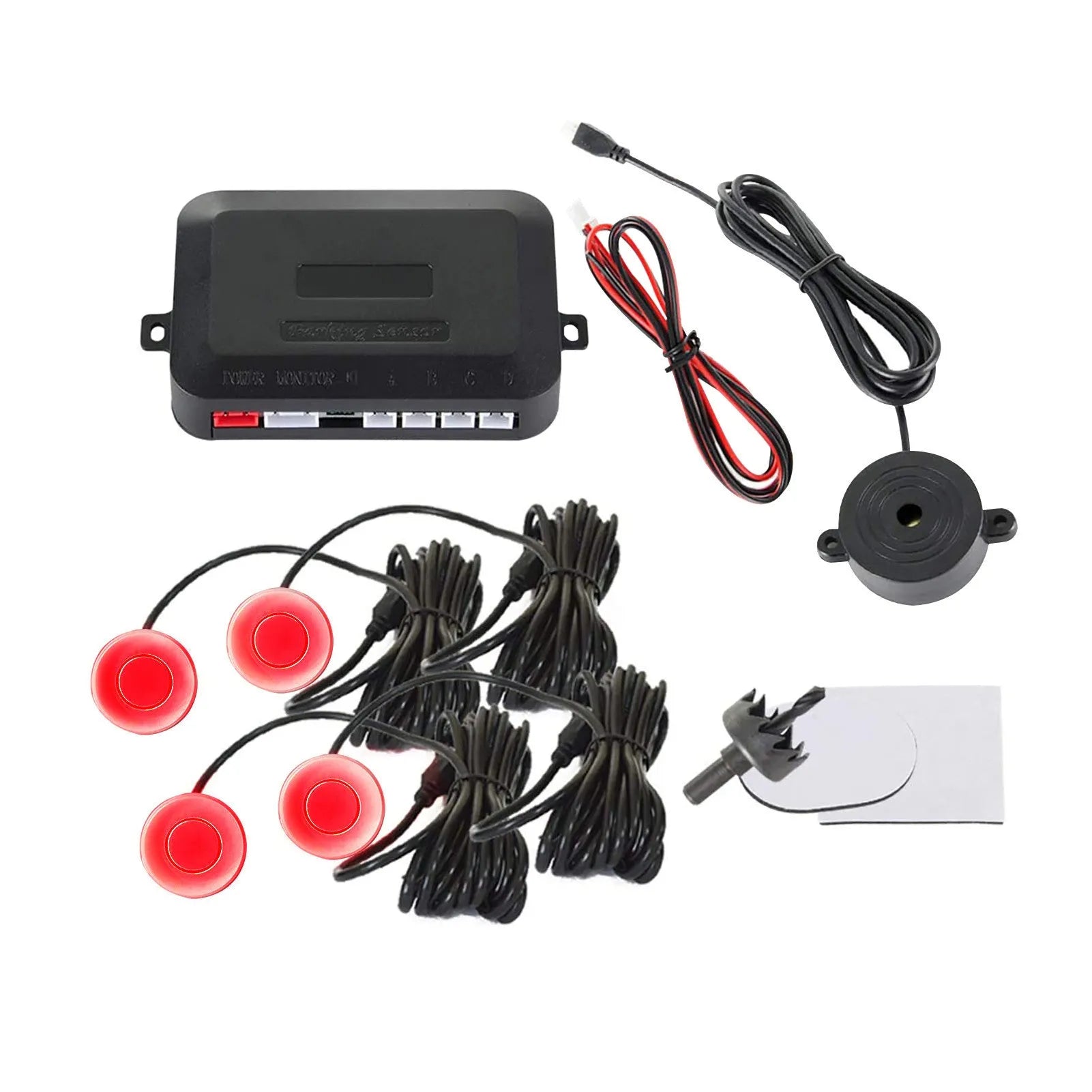 4-probe buzzer reversing radar system with sensors, control module, and installation tools for car parking safety