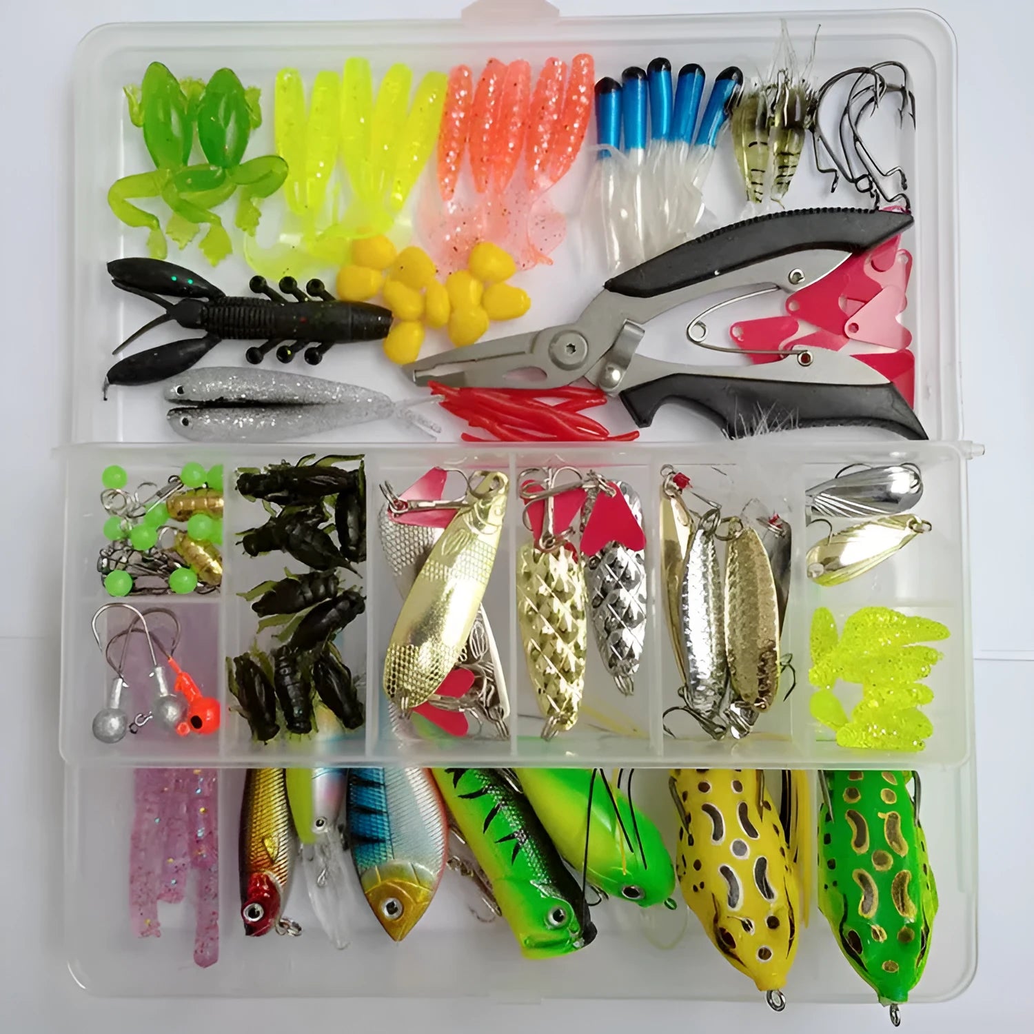 142-piece fishing lure kit showing hard minnow lures with sequins and fishing pliers