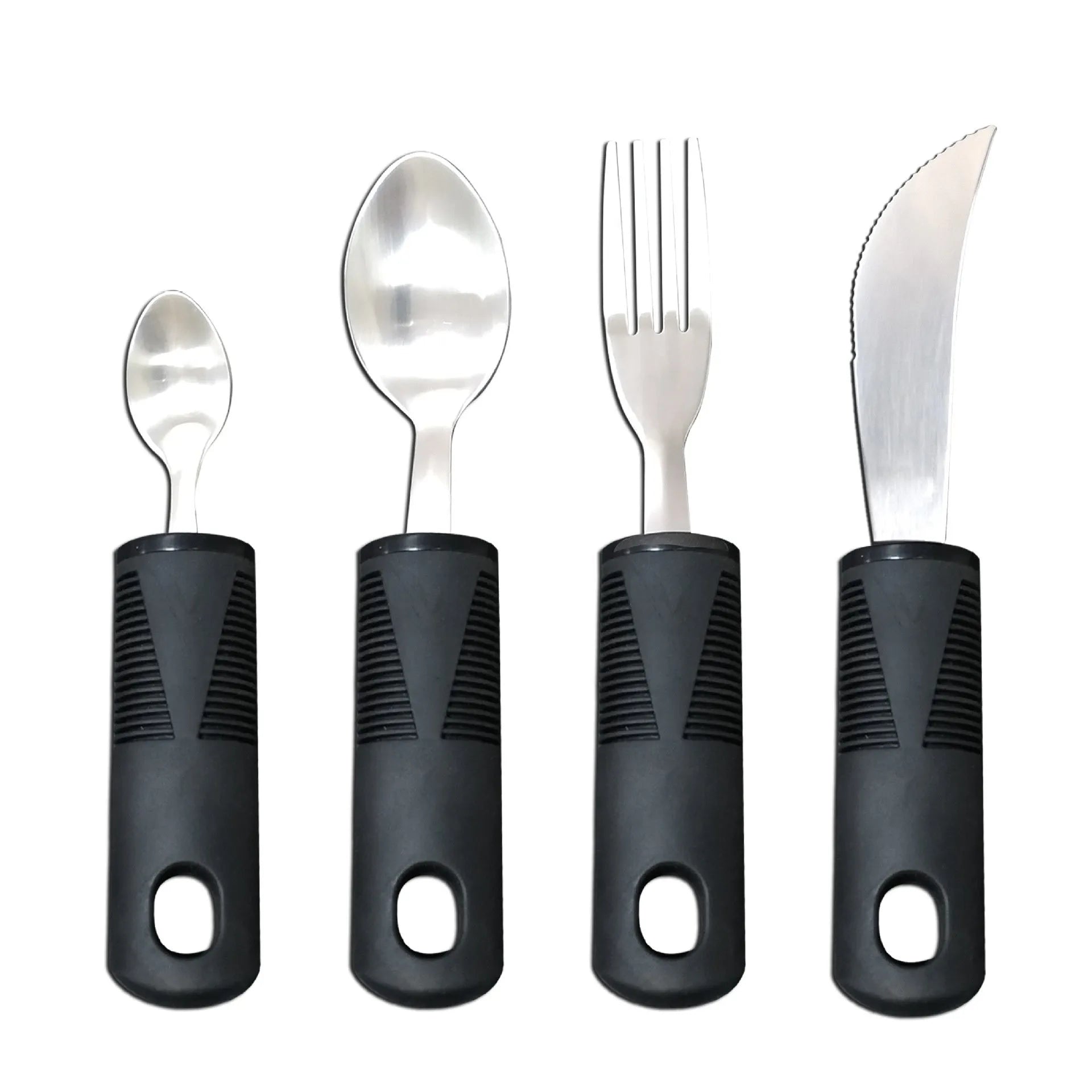 Stainless steel anti-shake cutlery set with rubber handles for adult mealtime assistance