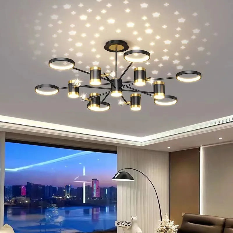 Black iron star chandelier ceiling light with 13 LED heads and remote control