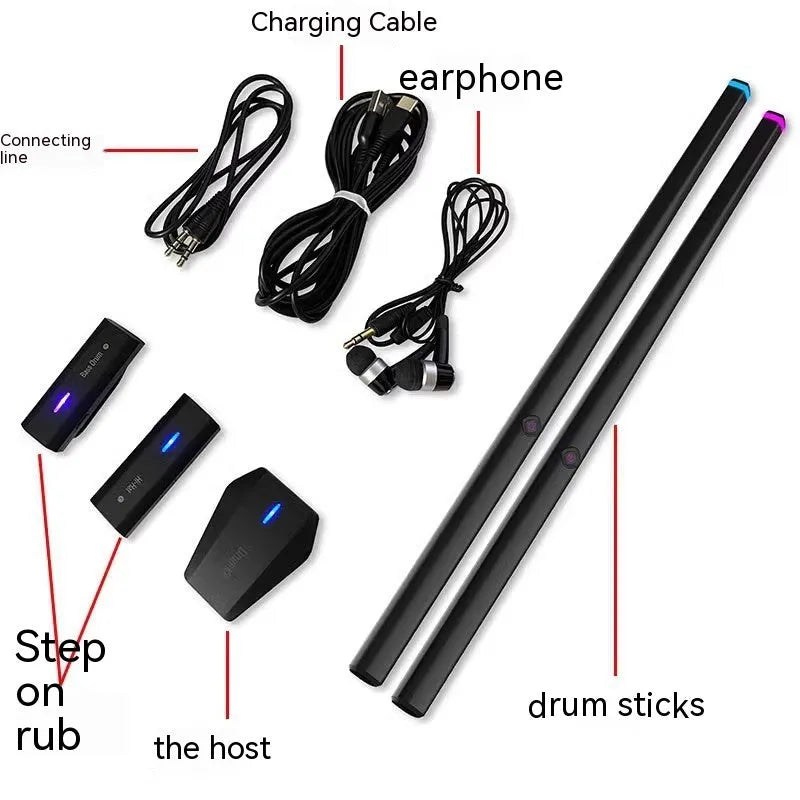 Black somatosensory air drum kit virtual AR toy with wireless connectivity and LED lighting