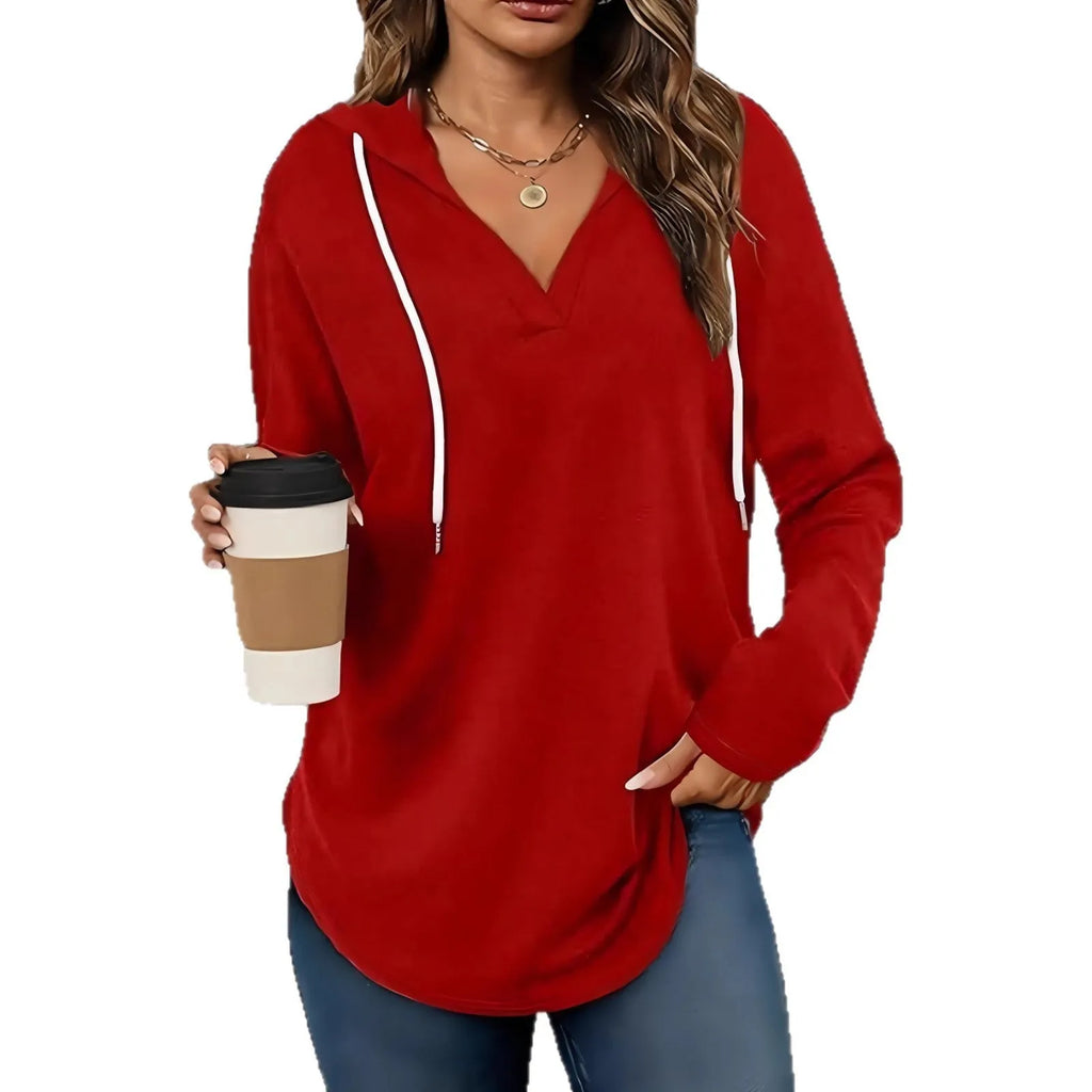 Women's black V-neck hooded sweatshirt with long sleeves on hanger