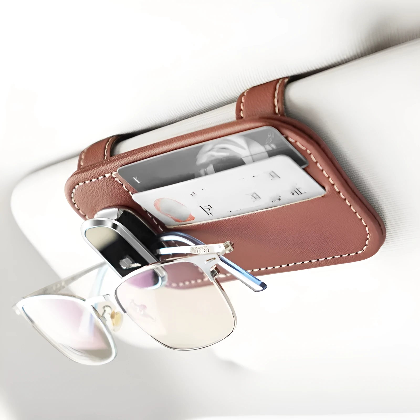 Cowhide leather automotive sun visor holder with glasses clip and card slots in beige colour.