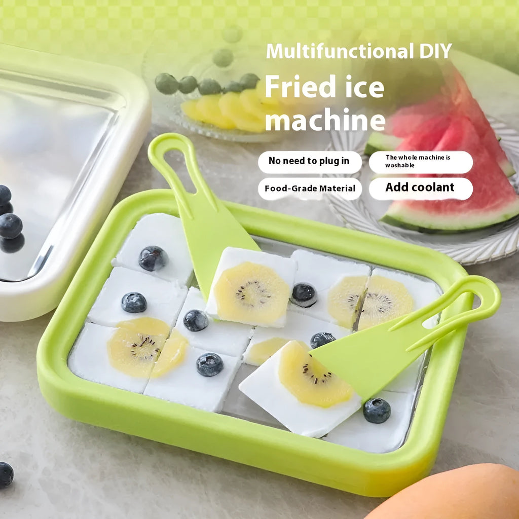 Green children's DIY fried yogurt machine with aluminium gasket for homemade desserts
