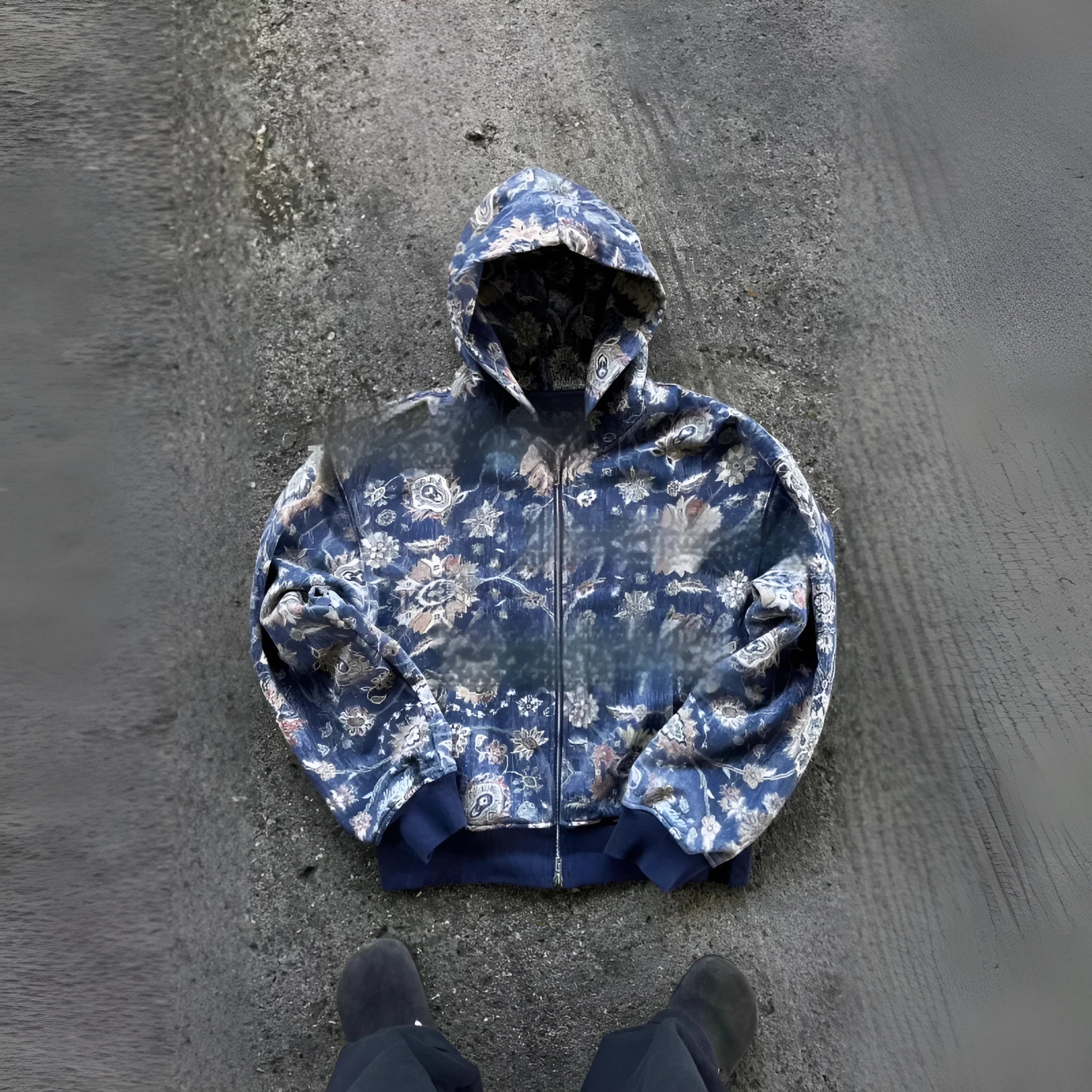 A man's loose-fitting red hooded zip-up coat with long sleeves, shown on a size chart.