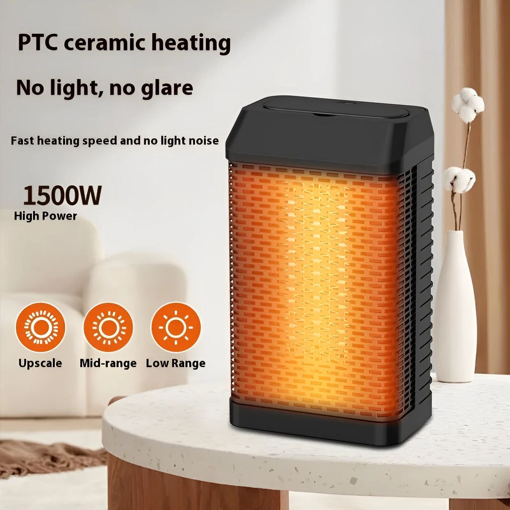 Black smart desktop heater with remote control on a wooden desk.