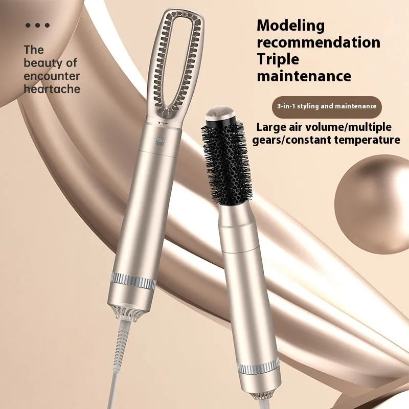 Champagne gold five-in-one hot air comb hair curler and straightener with comb styling attachments