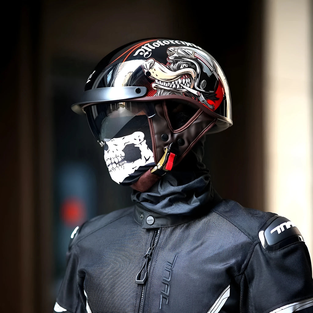 Retro full-face motorcycle helmet in Bright Black Whirlwind Dog colour, available in sizes M to 2XL for universal fit