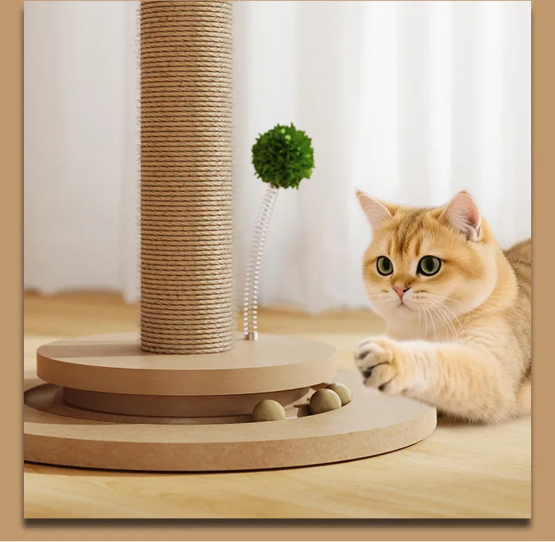 Canna coloured vertical cat climbing frame with hemp rope scratching posts