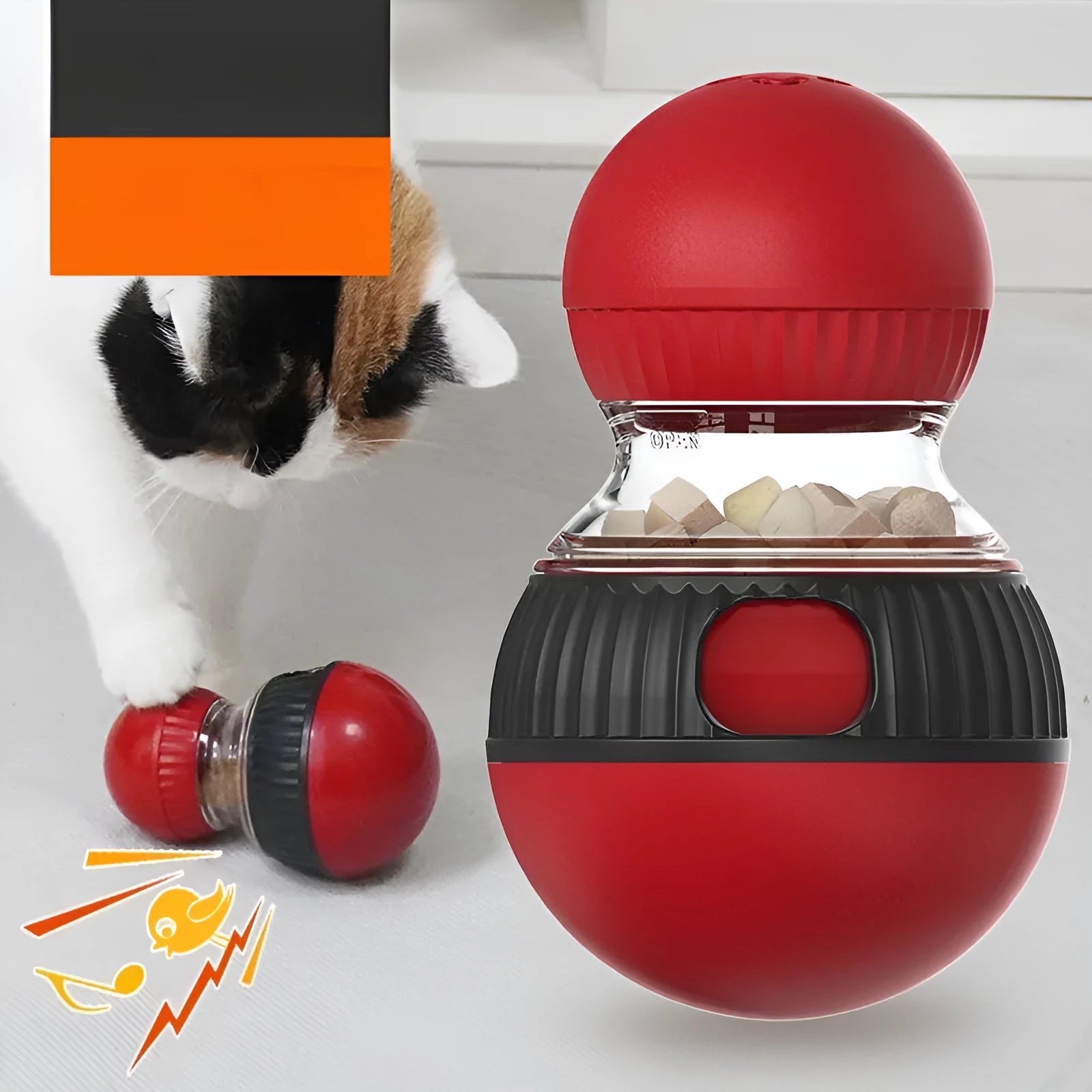 Rotating plastic cat toy with colourful super ball accessory showing 155mm diameter