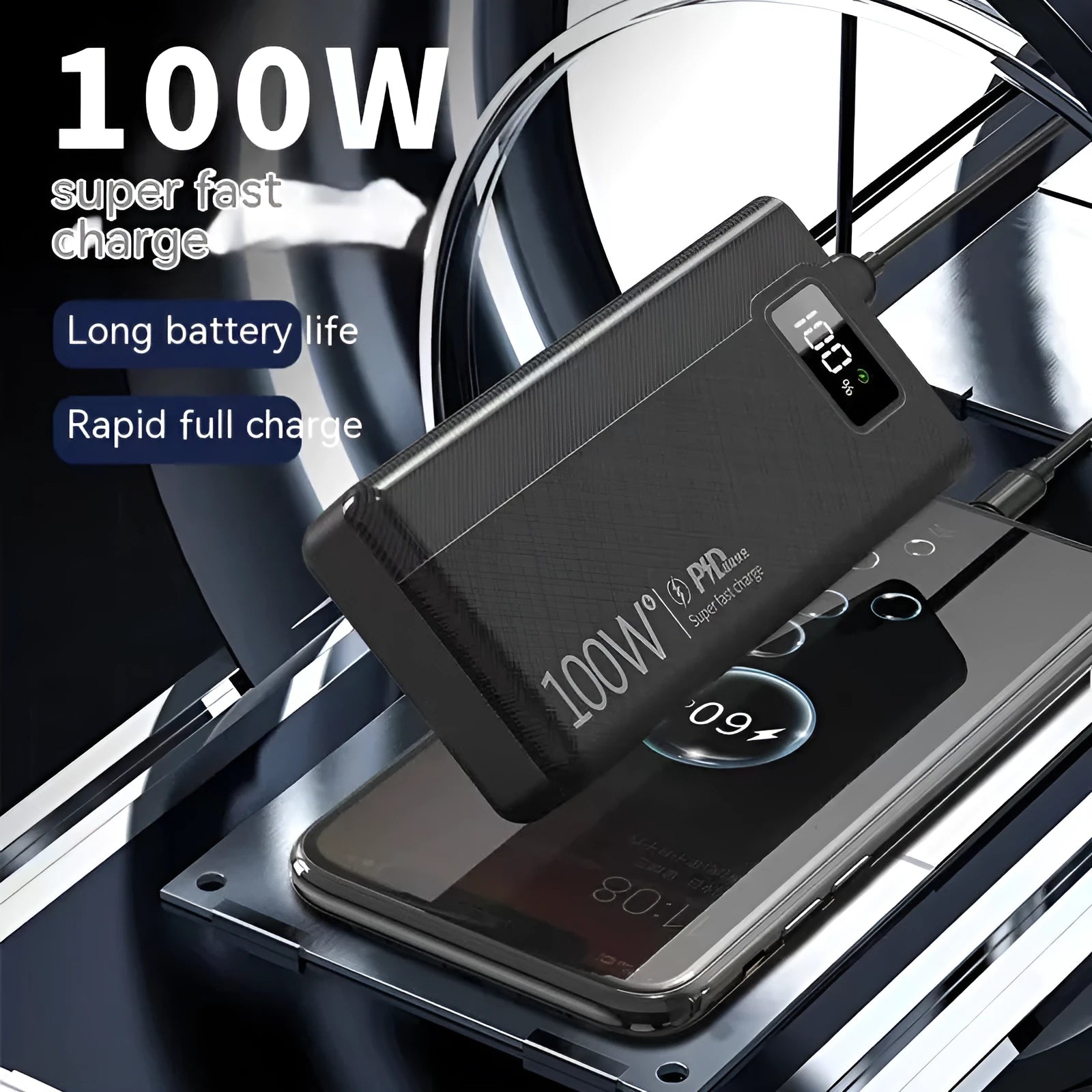 Large black and white plastic power bank showing size comparison and capacity options from 20000mAh to 50000mAh.