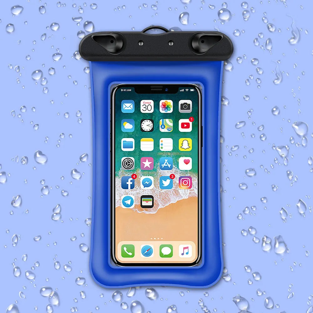 Orange waterproof phone pouch with rope lanyard and double airbag design