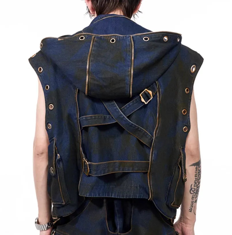 Blue deconstructed Korean-style hooded denim vest and matching trousers laid flat.