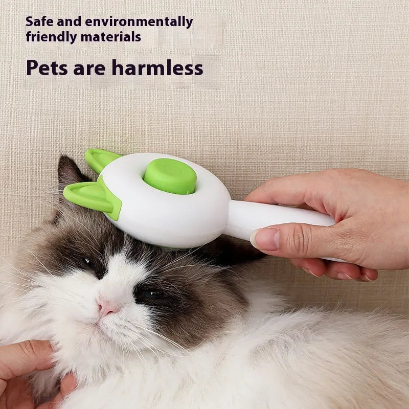 Self-cleaning pet grooming brush with stainless steel teeth and TPR massage nodes in greenish white colour.