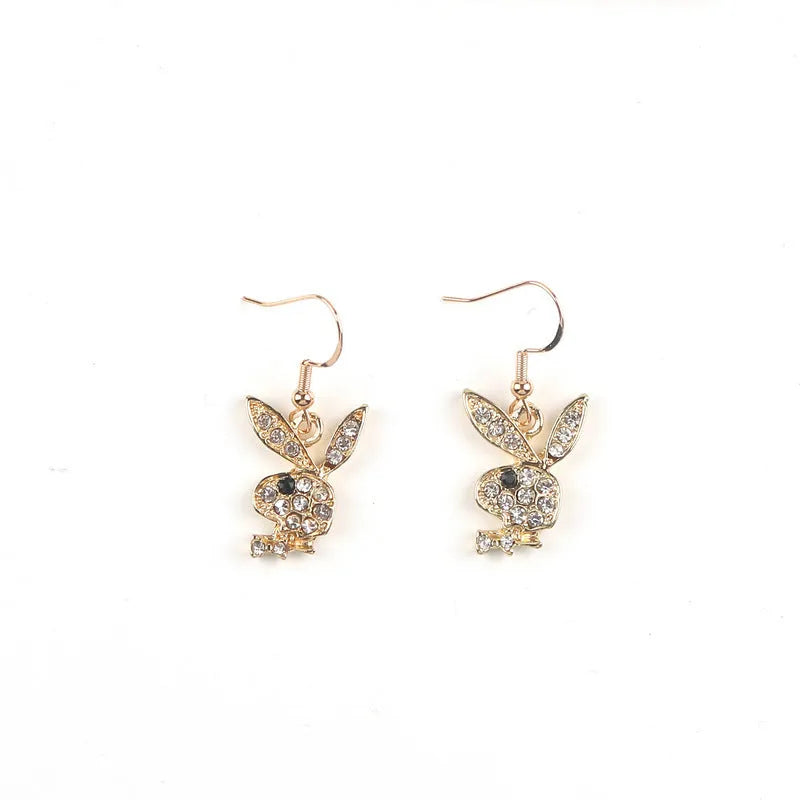Alloy rabbit stud earrings with full diamond accents in silver, gold, and pink colour options