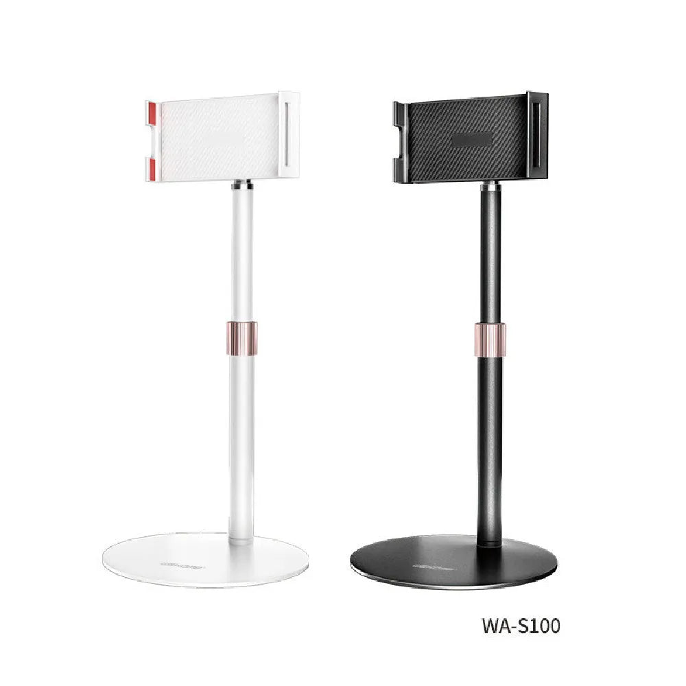 Black adjustable metal bracket holding an 11-inch tablet on a desk