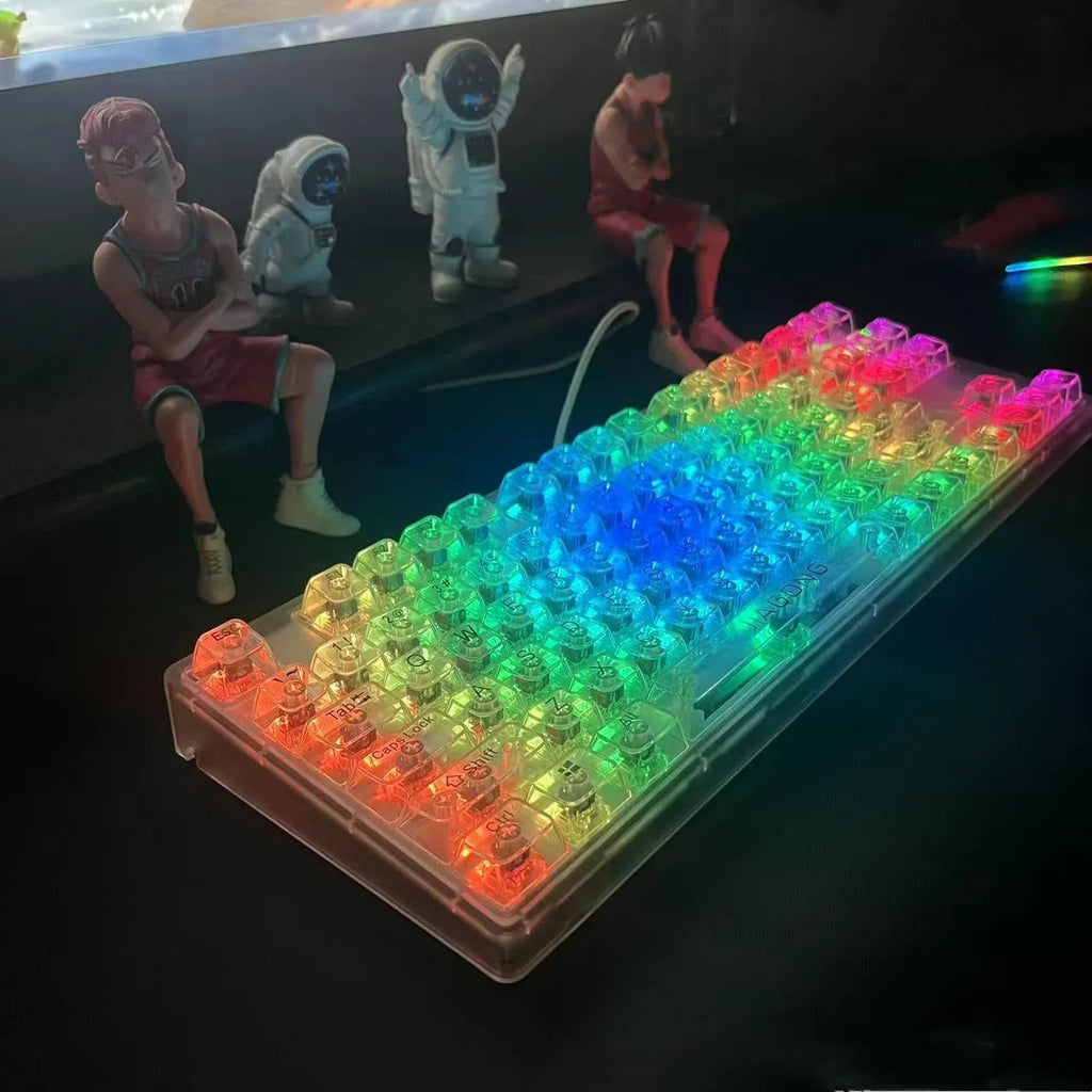 Full set of 132 transparent plastic key caps for mechanical keyboards laid out.