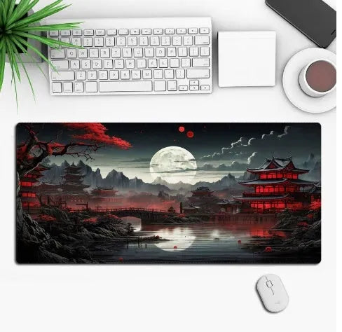 Large custom anime print gaming mouse pad on a desk with keyboard and mouse.