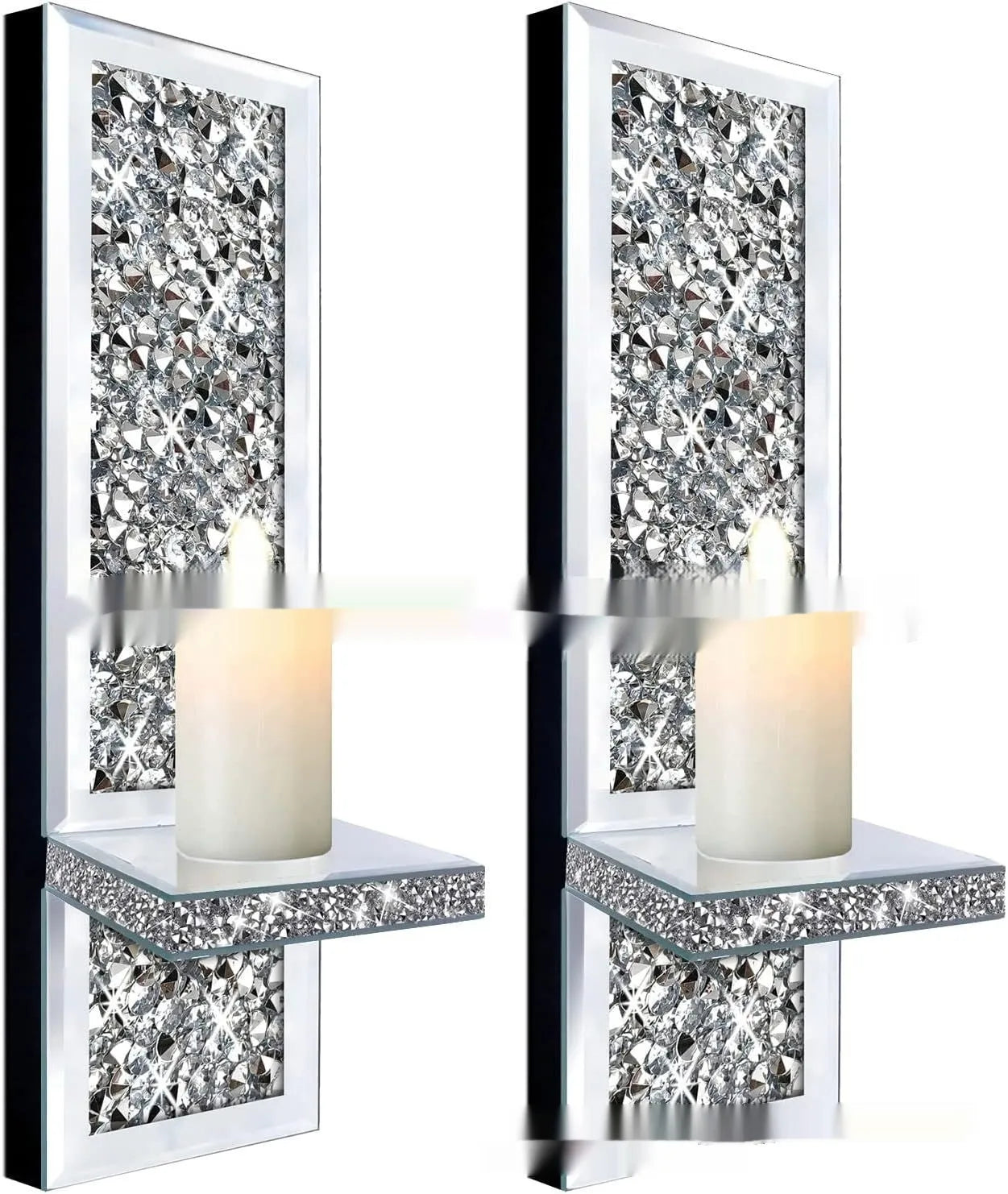 Pair of silver crystal glass wall mounted candle holders in modern minimalist style