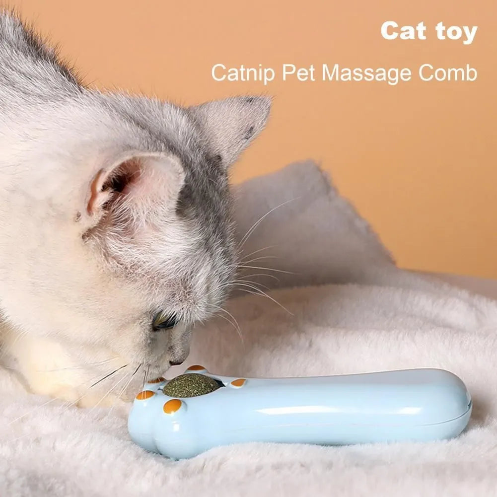 Blue cartoon design dual-purpose cat grooming brush and dental toy with catnip on a white background.