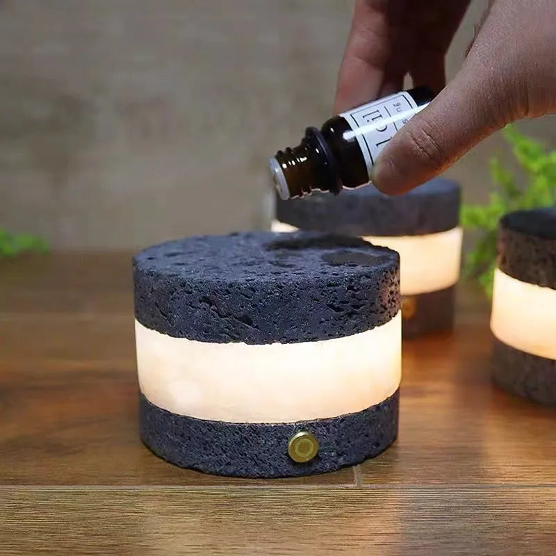 Compact volcanic rock USB night lamp with touch controls and essential oil diffuser