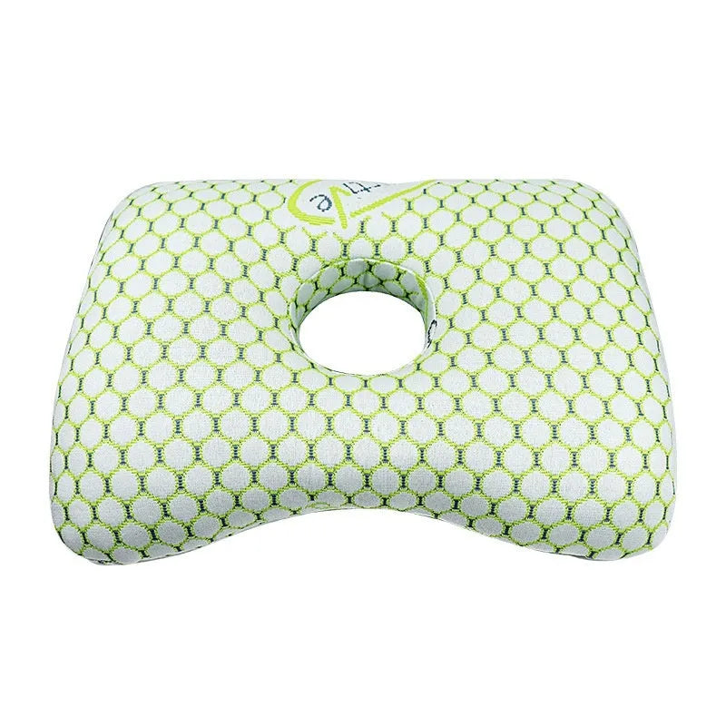 Single-hole ear pillow in plaid grey with detachable cover, shown with dimensions 39cm by 28cm.