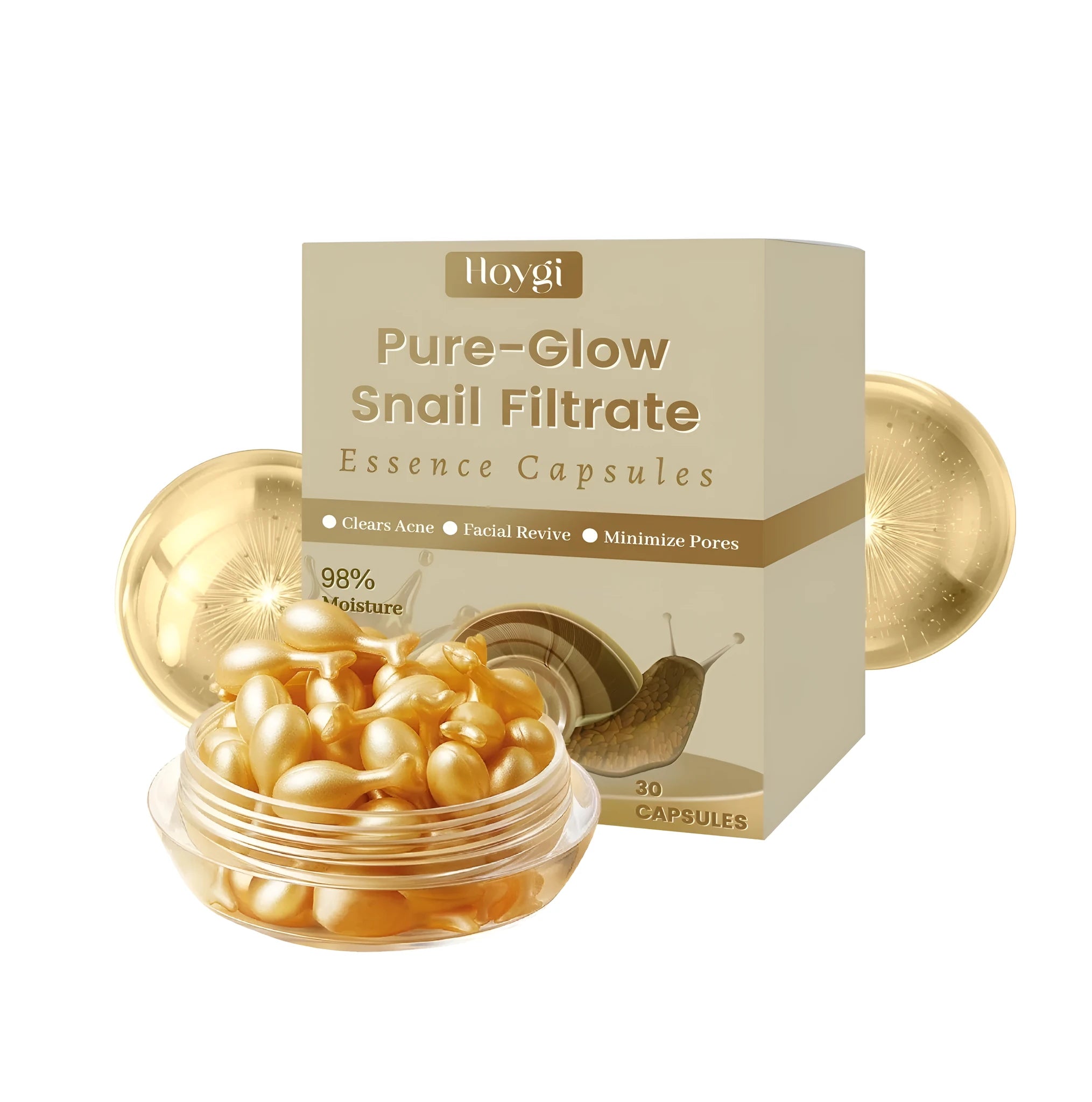 PET container of 30 firming skincare capsules with snail secretion filtrate and collagen serum