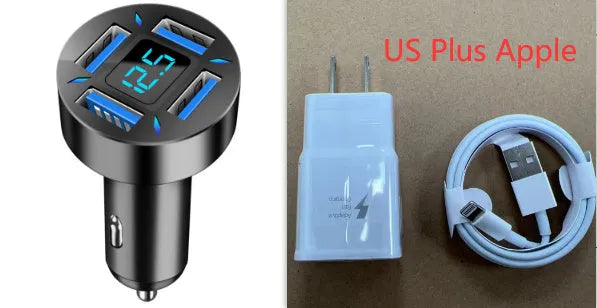 Four-port USB car charger with LED digital display showing compact black design