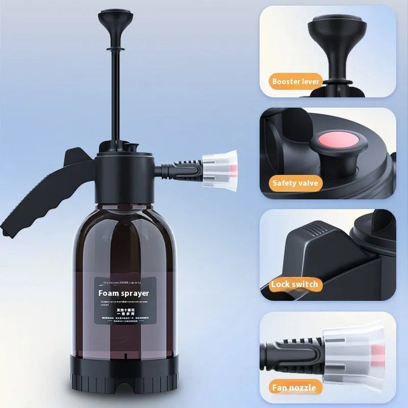 Black hand-held 2 litre foam sprayer watering can with comfortable handle for car washing and plant watering