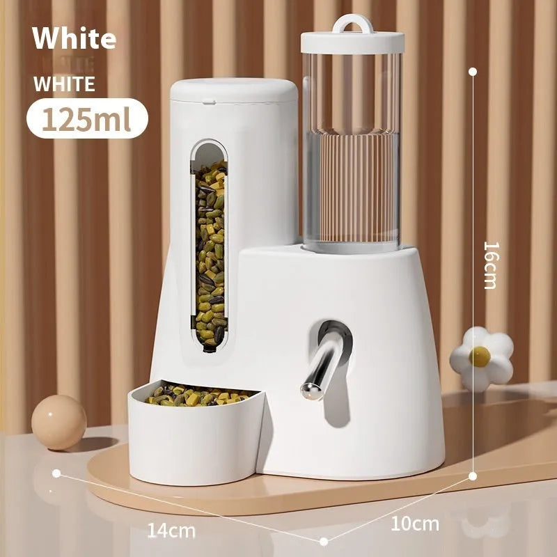 White automatic hamster drinking water feeder with integrated food basin on a stable base.