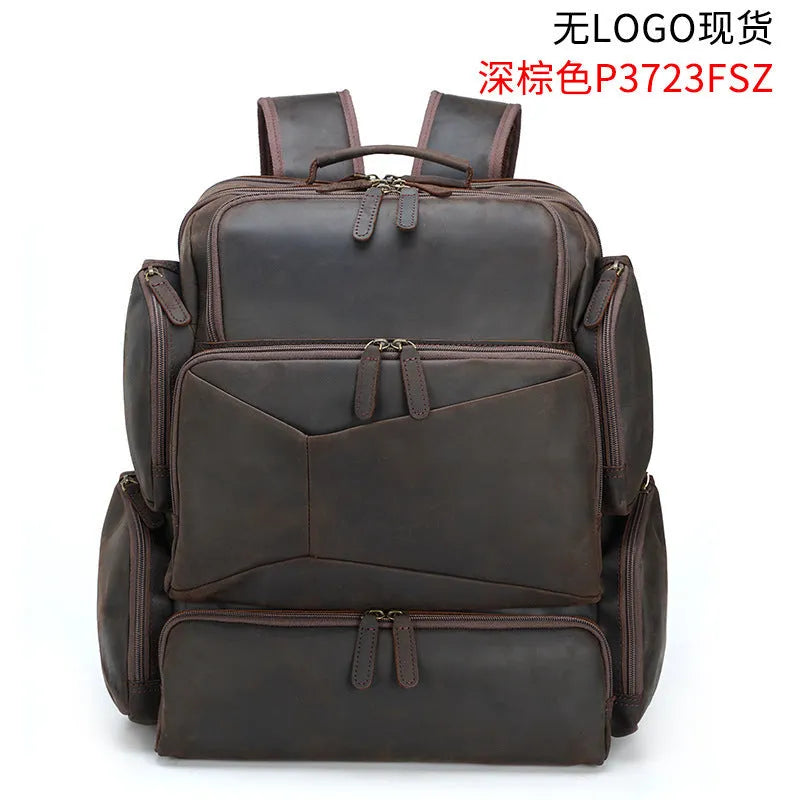 Dark brown leather backpack with 17-inch laptop compartment and multiple internal pockets