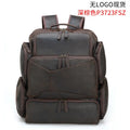 Dark brown leather backpack with 17-inch laptop compartment and multiple internal pockets