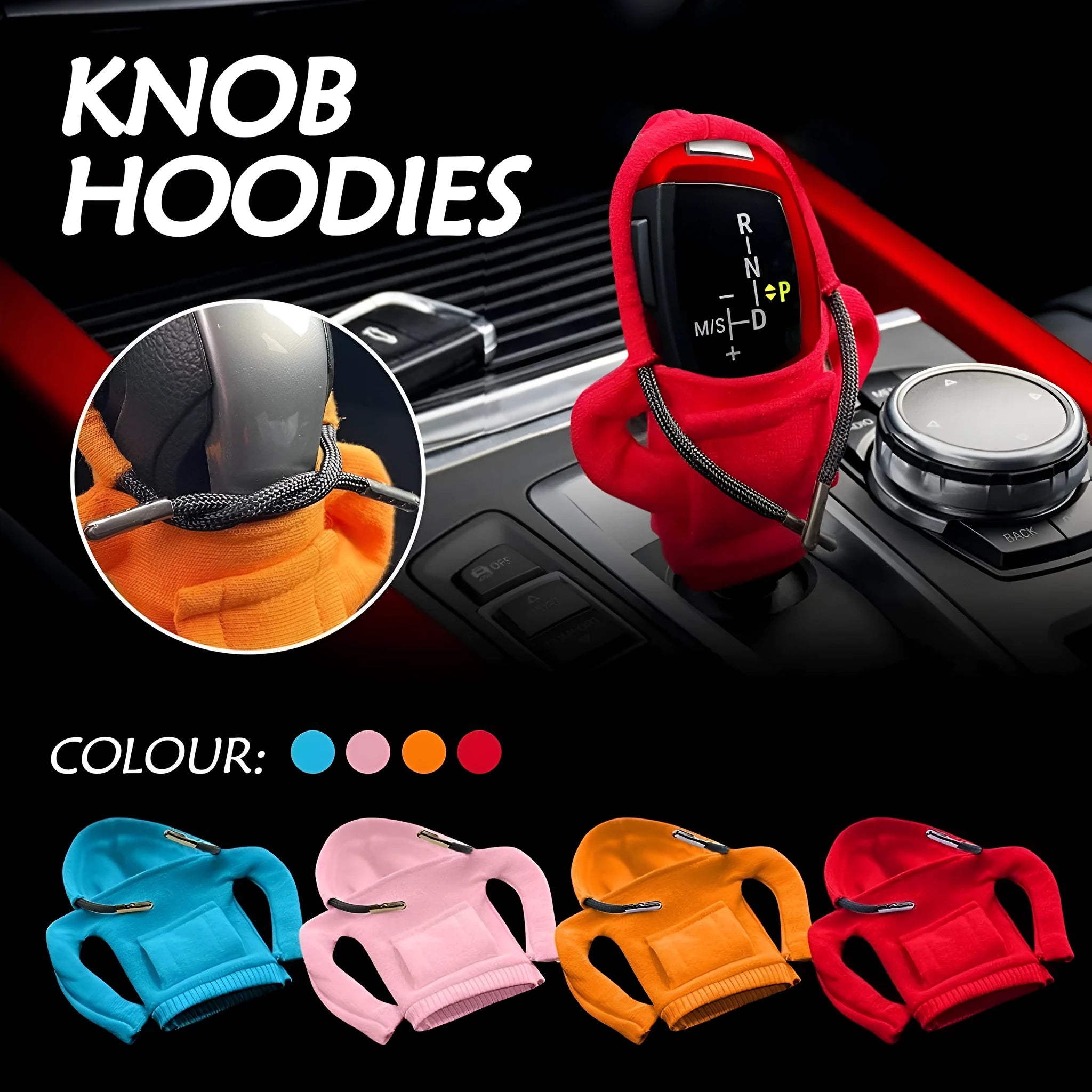Cloth gear shift knob hoodie cover in assorted colours, shown next to a car gear stick.