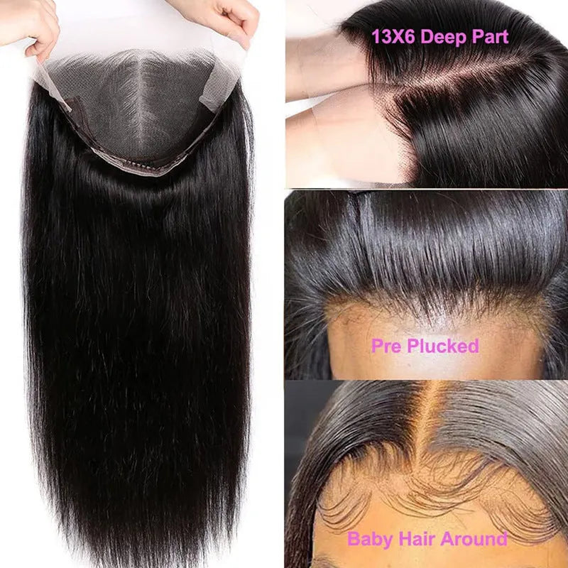 13x6 straight lace front human hair wig in black colour showing natural style and length options