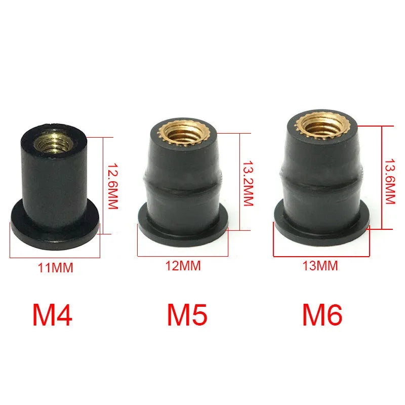 Black rubber motorcycle windscreen fasteners with brass threads in M4 M5 M6 sizes