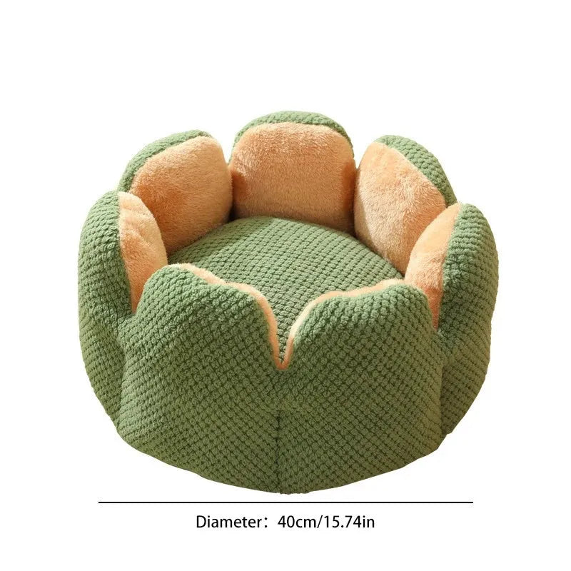 Green enclosed pet bed with cactus petal shaped opening and soft plush fabric
