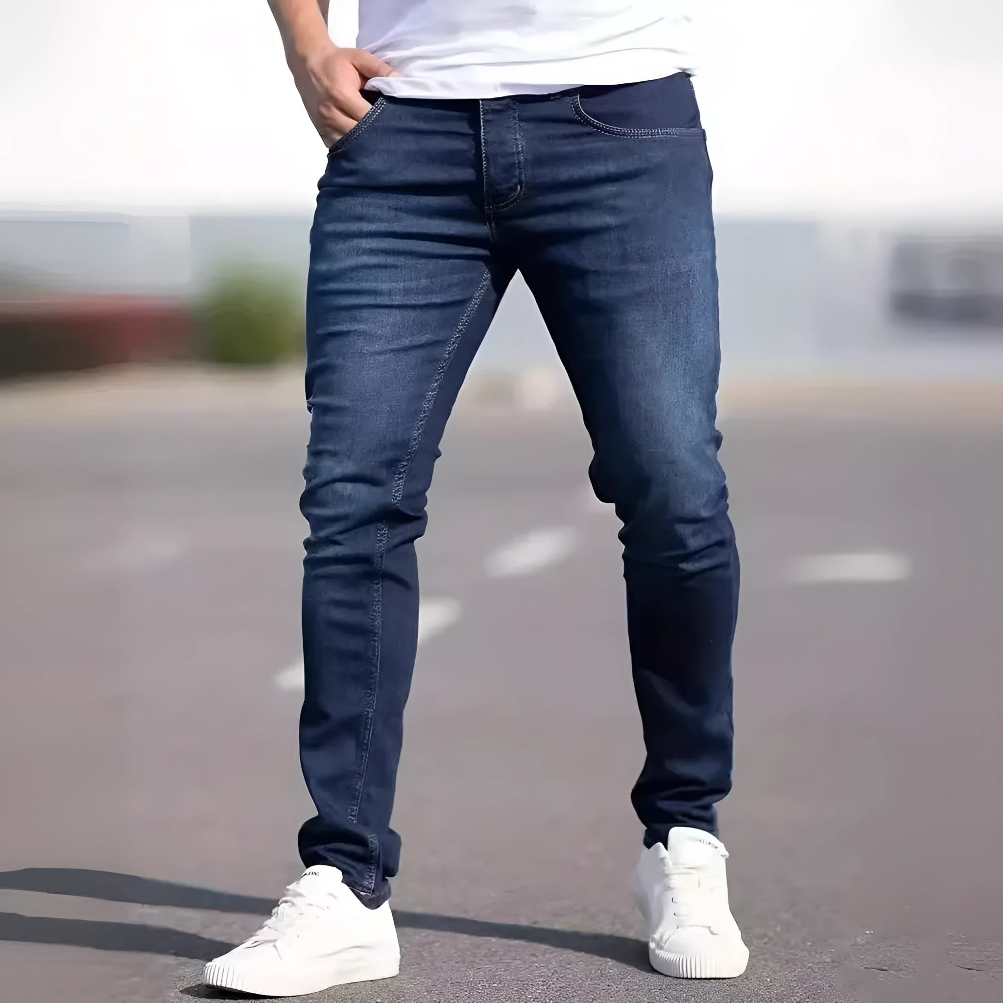 Man wearing dark blue slim-fit stretch cotton jeans with a skinny leg style.