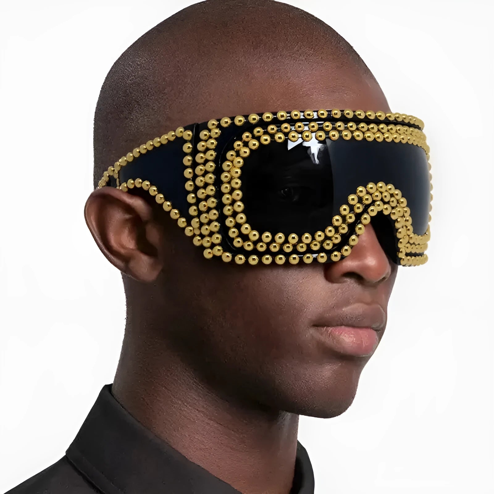 Men's large square frame punk sunglasses in silver and gold colours with rivet details