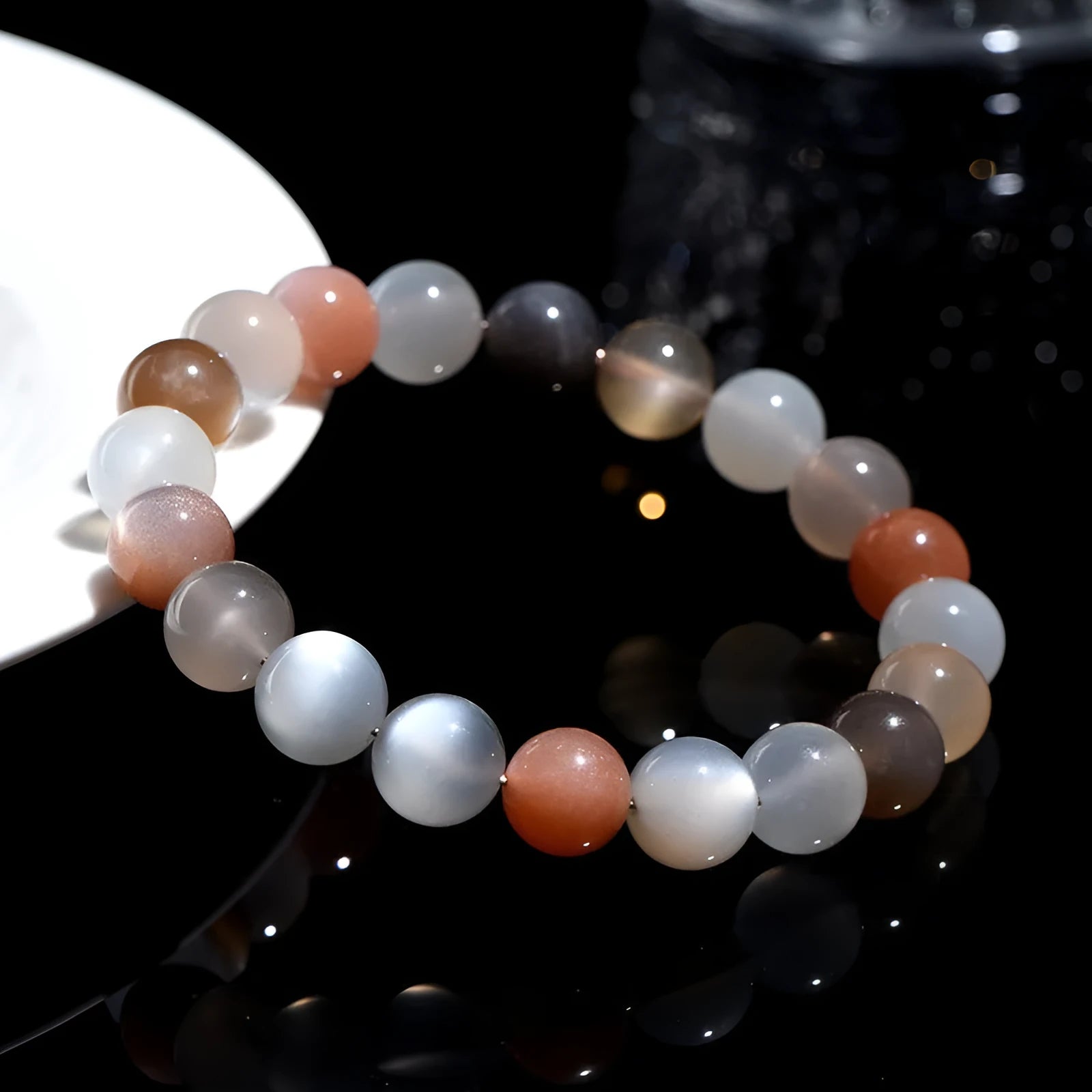 Natural moonstone bracelet with colourful moon light beads, 8mm single circle unisex design
