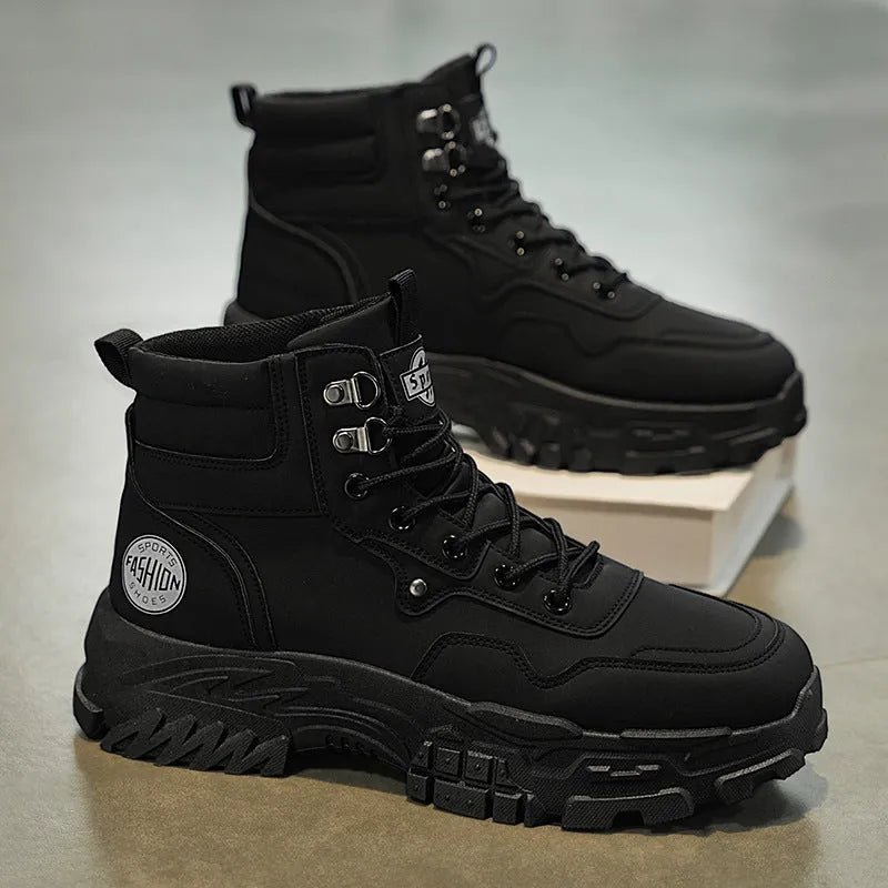 Men's black and yellow high-top Martin boots with an artificial PU upper and sturdy sole.