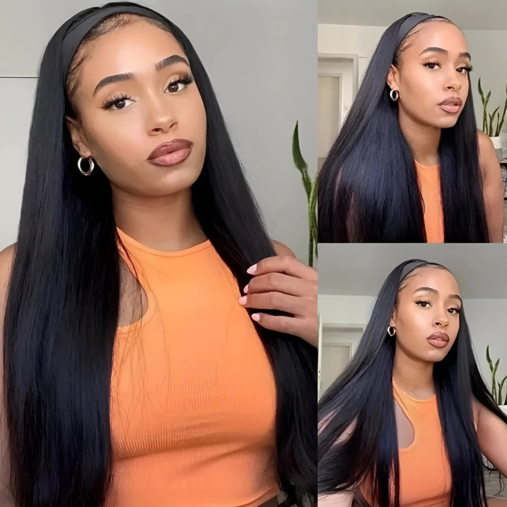 Headband wig in black straight, black curly or wine red with high temperature fibre